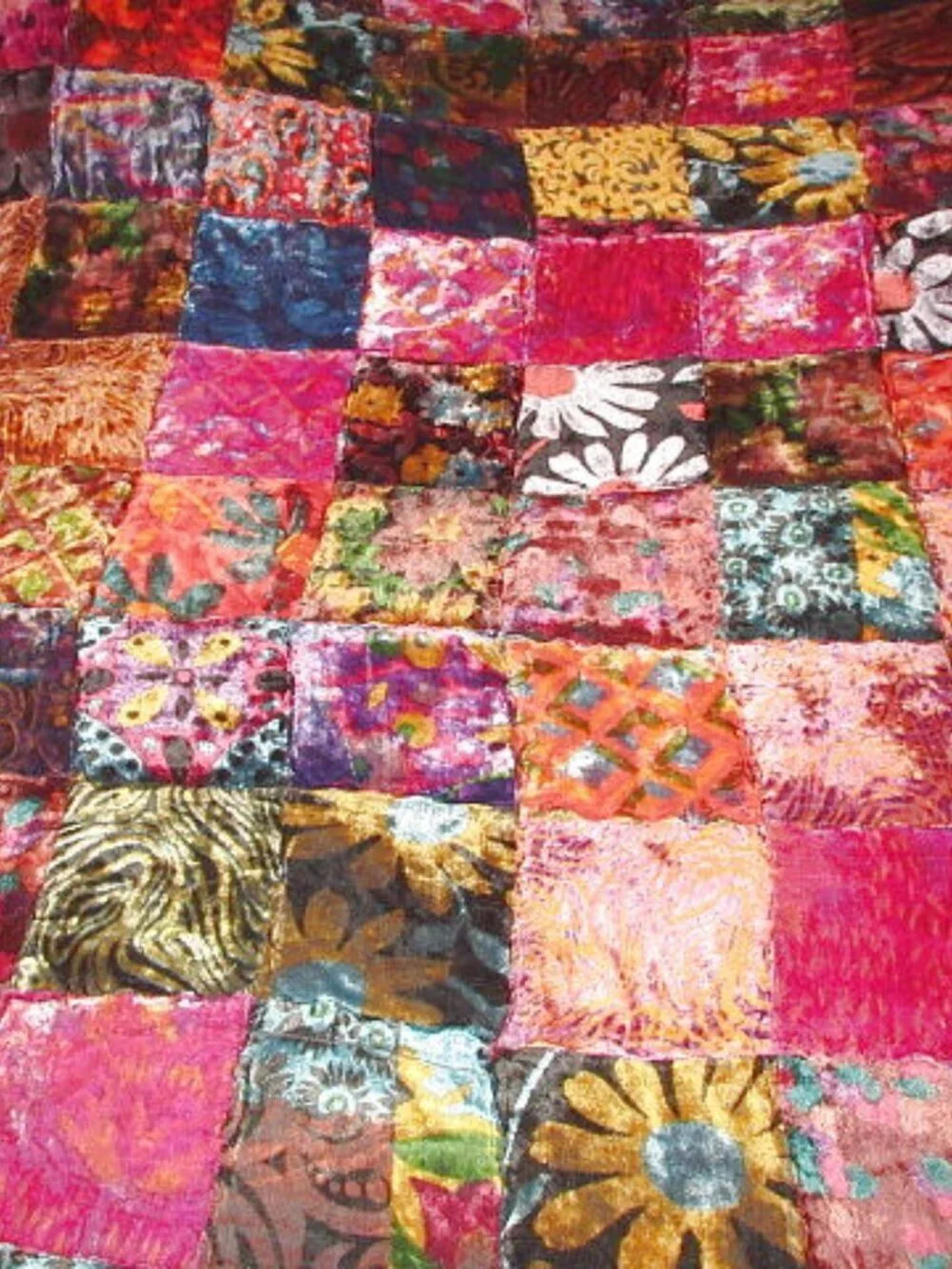 Vtg 70s Velvet Patchwork Quilt King / Cal. King Handmade Groovy Psychedelic Boho